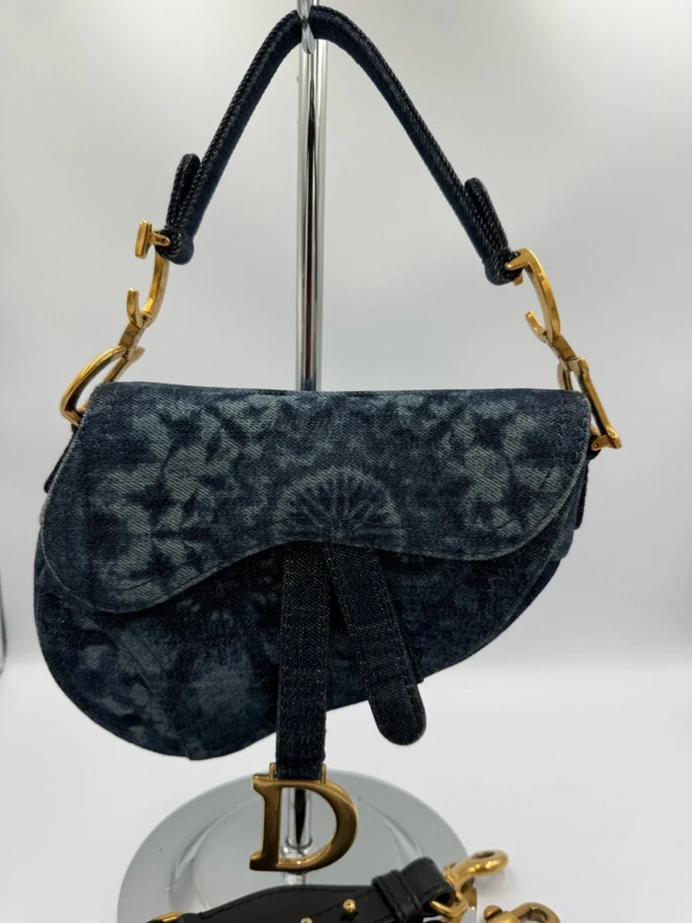 Dior Navy Denim Tie Dyed Saddle Mini Bag with Gold D Charm and Strap - Picture 2 of 16
